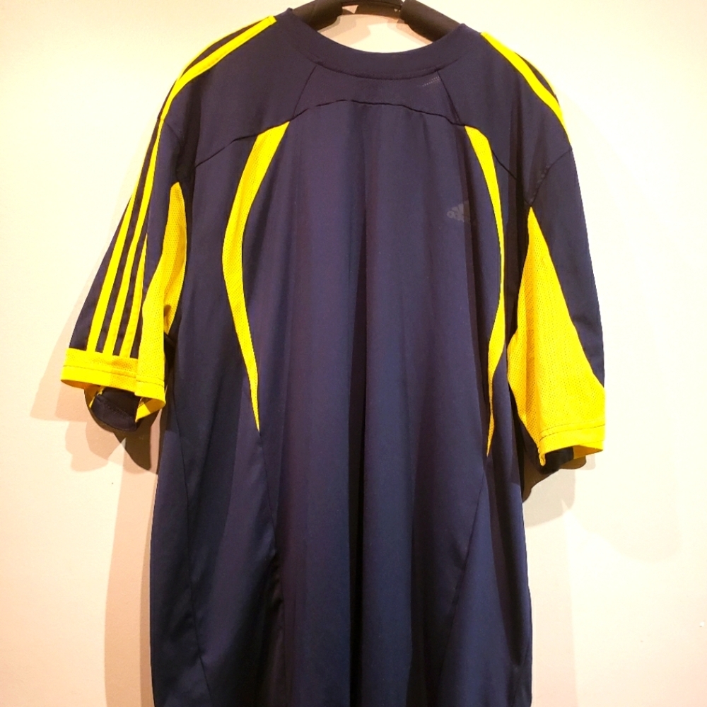 Mens XL Adidas dark Blue And Gold Three Stripped Short Sleeve Shirt